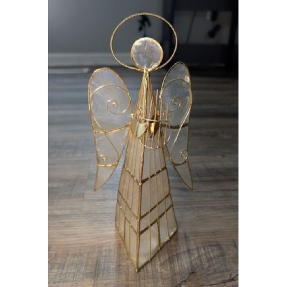 Handcrafted Capiz Shell Angel Christmas Tealight 11" Tall Gold Wire Harp